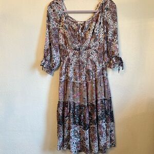 Fig and Flower Multicolor Dress w/ Tiered Ruffle Skirt, Sz. M
